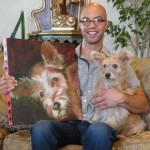 Portrait of Christopher Tracy of Christopher Interiors with his doggie Peanut.